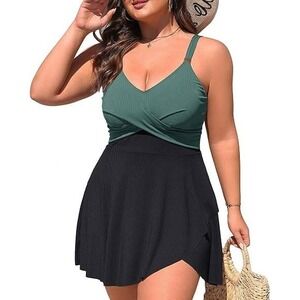 Charmo Womens Ribbed Surplice Swim Dress Tummy‎ Control Green Black 1X New